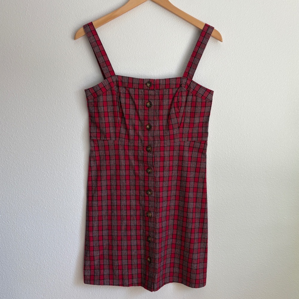 Hollister Red Plaid Button Front Mini Dress Sleeveless Tartan Small NWT 359-592